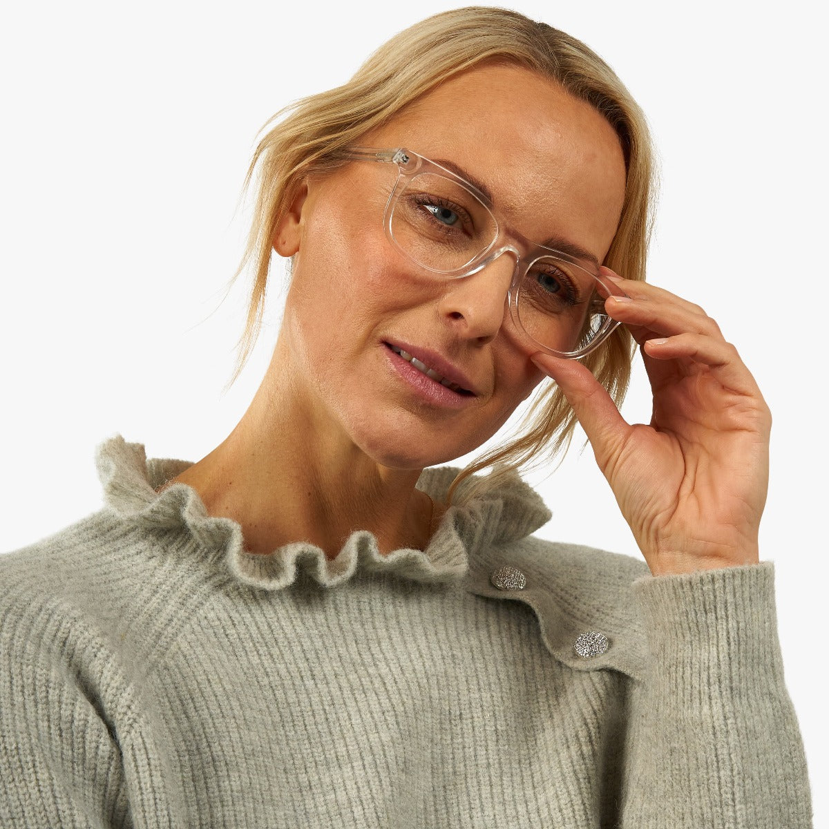 Luxreaders stylish Malmö Crystal White Blue light glasses. Made from Acetate in a Square shape.