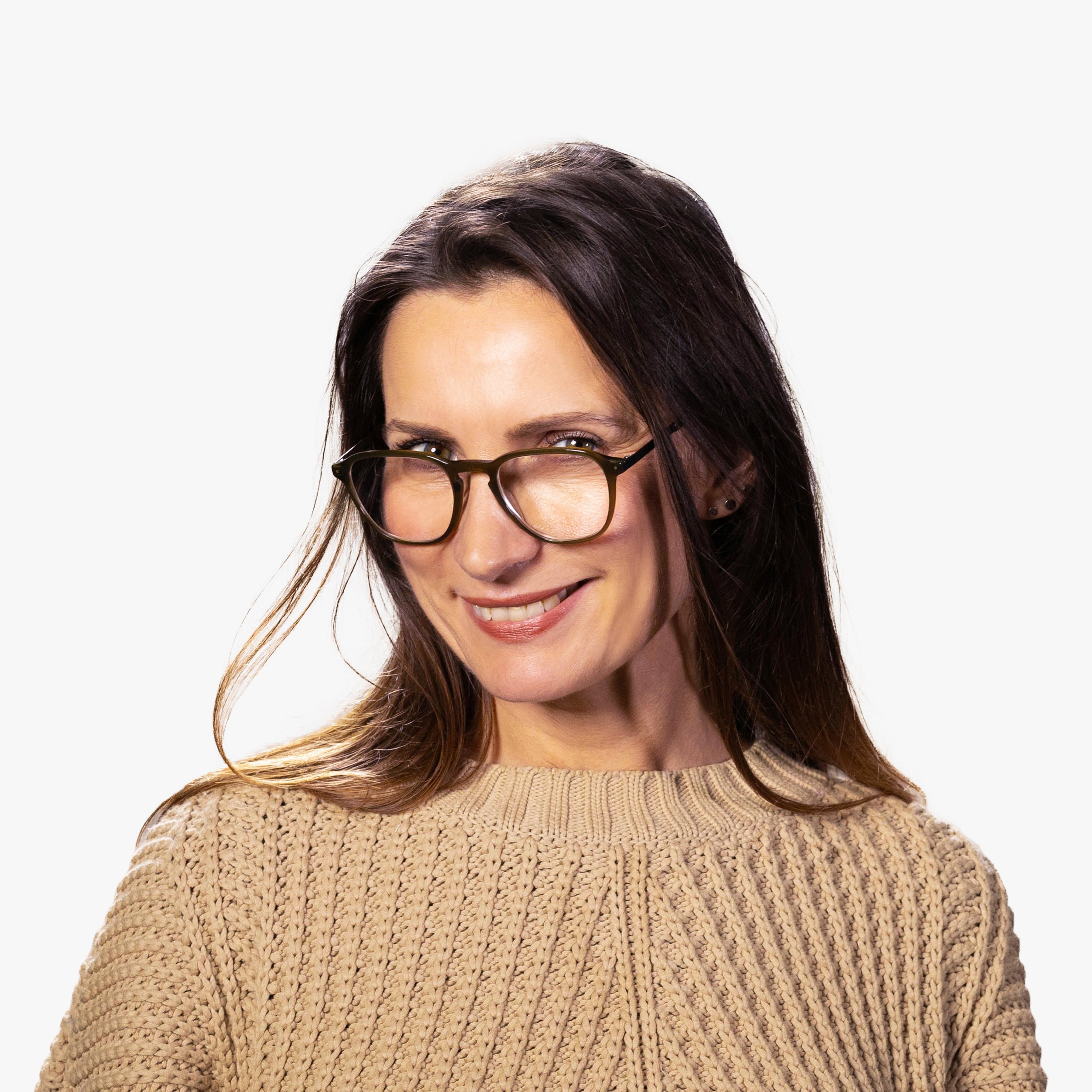Luxreaders stylish Women's Rønne Shiny Olive Reading glasses. Made from Titanium in a Square shape.