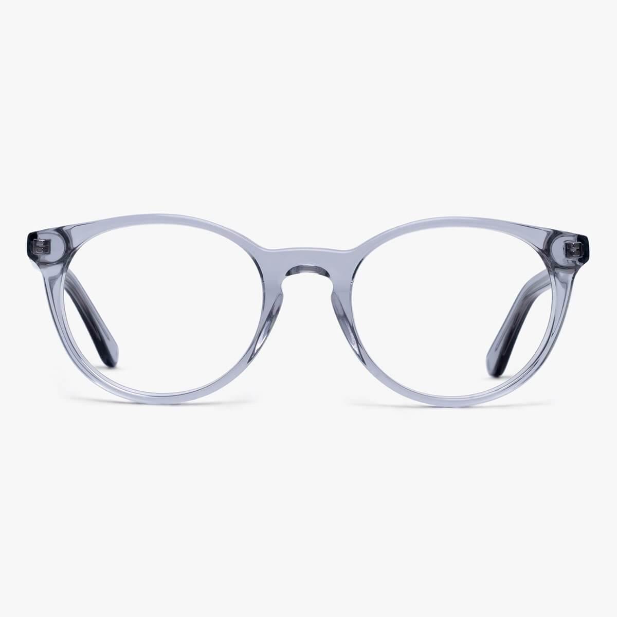 Luxreaders stylish Women's Örebro Crystal Grey Blue light glasses. Made from Acetate in a Iconic shape.