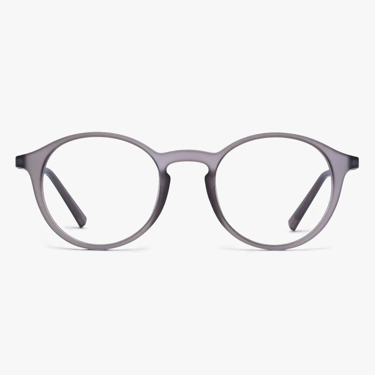 Luxreaders stylish Women's Læsø Grey Reading glasses. Made from Rubber in a Round shape.