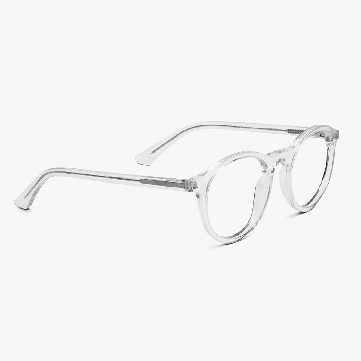 Luxreaders stylish Women's Løkken Crystal White Blue light glasses. Made from Acetate in a Round shape.