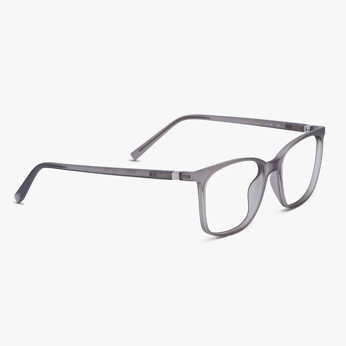 Luxreaders stylish Women's Fyn Grey Reading glasses. Made from Rubber in a Square shape.