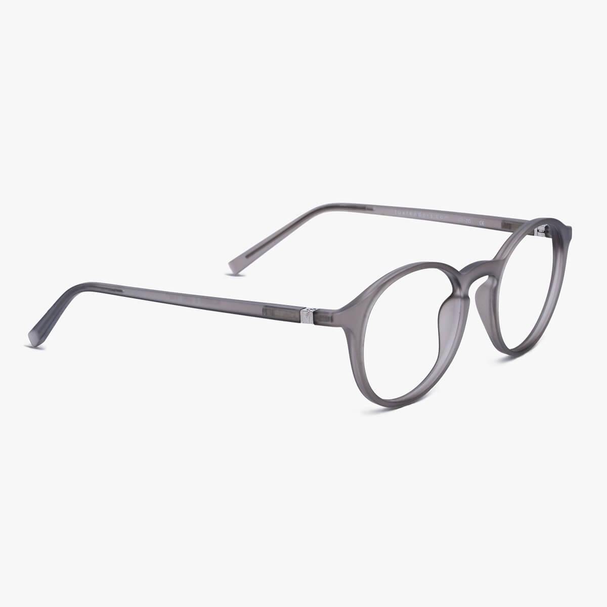 Luxreaders stylish Women's Læsø Grey Reading glasses. Made from Rubber in a Round shape.