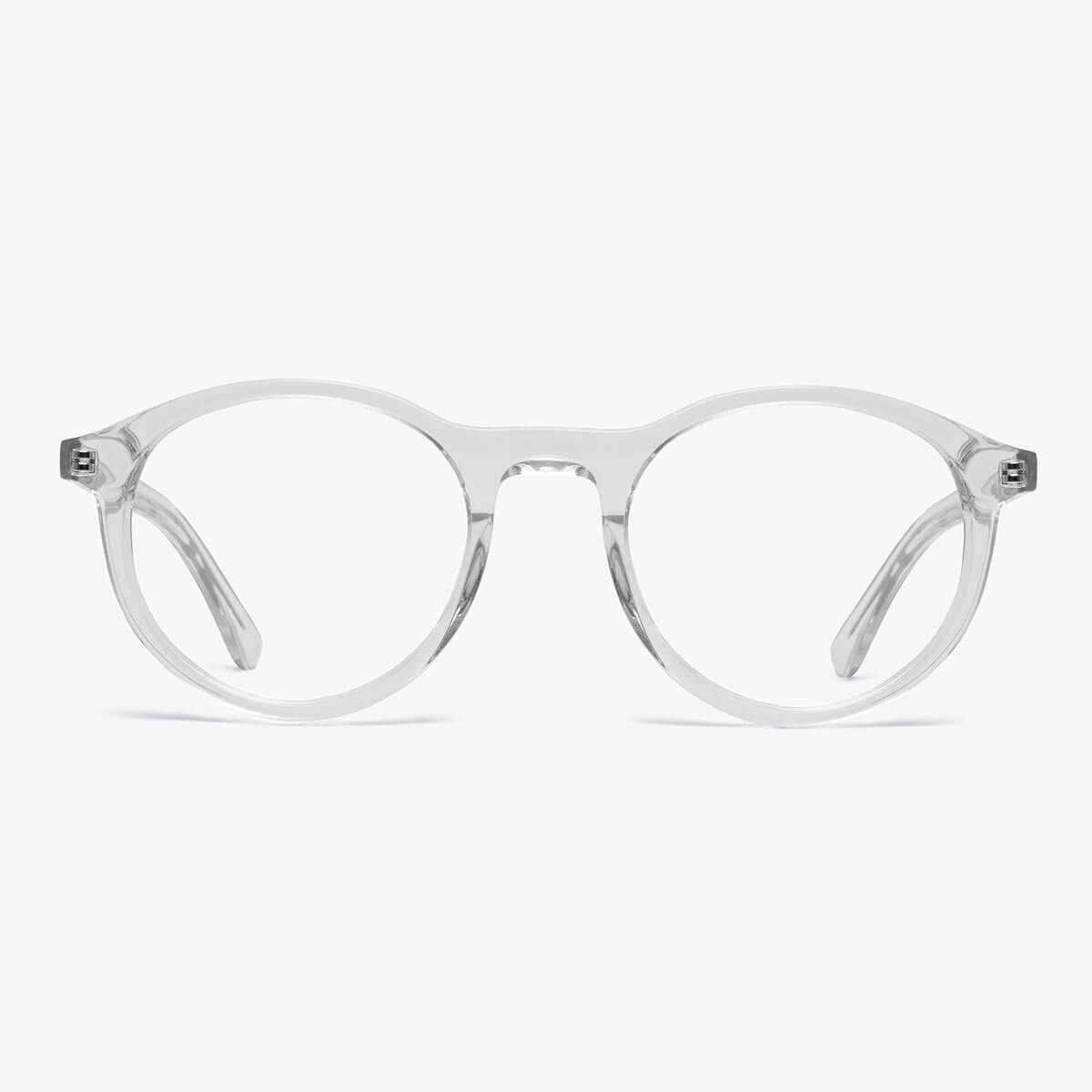 Round crystal white glasses with clear frames
