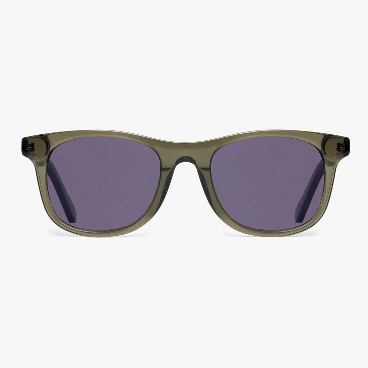 Malmö Shiny Olive sunglasses with translucent olive frames and dark lenses