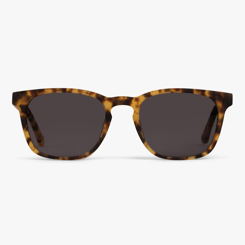 Tortoiseshell rectangular sunglasses with dark lenses