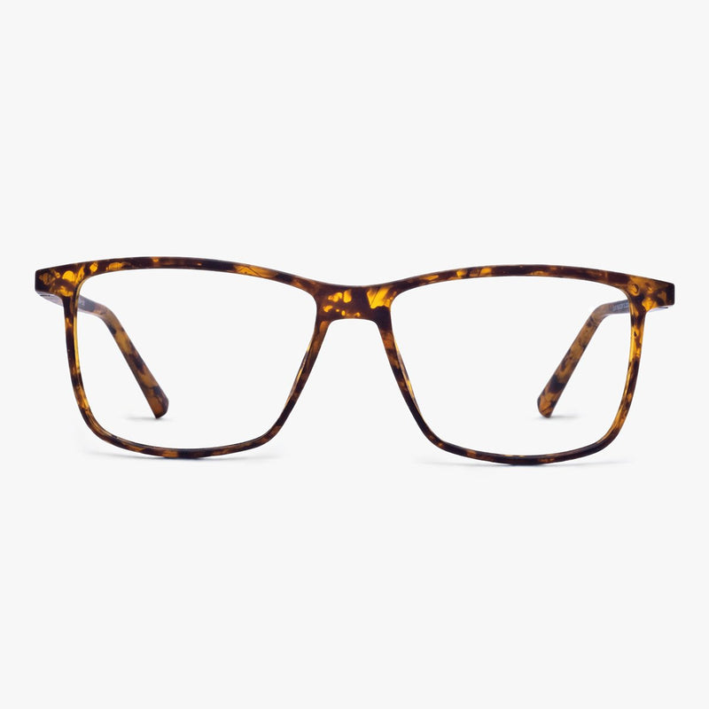 Men's tortoiseshell frame glasses with a classic rectangular style