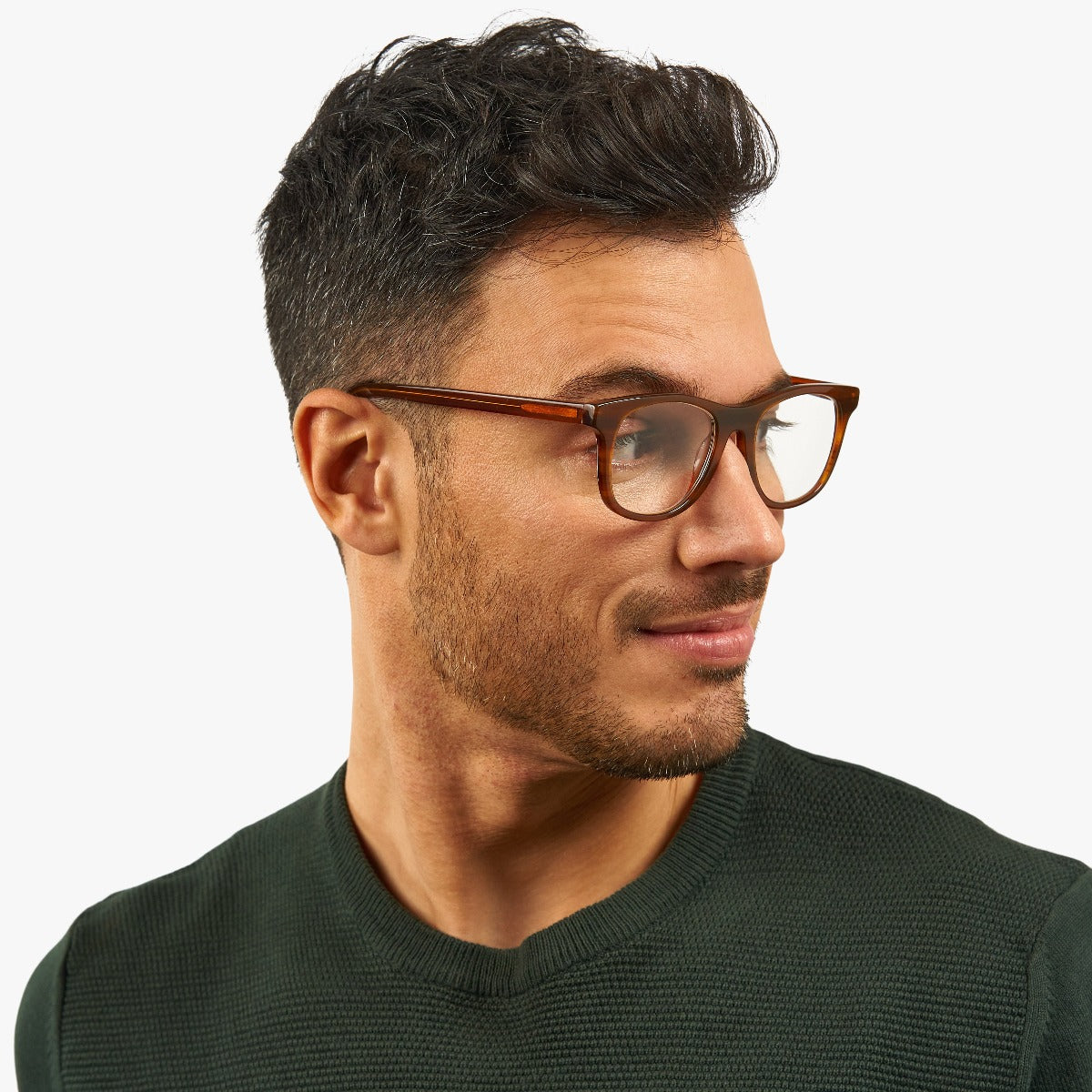 Person wearing shiny walnut glasses