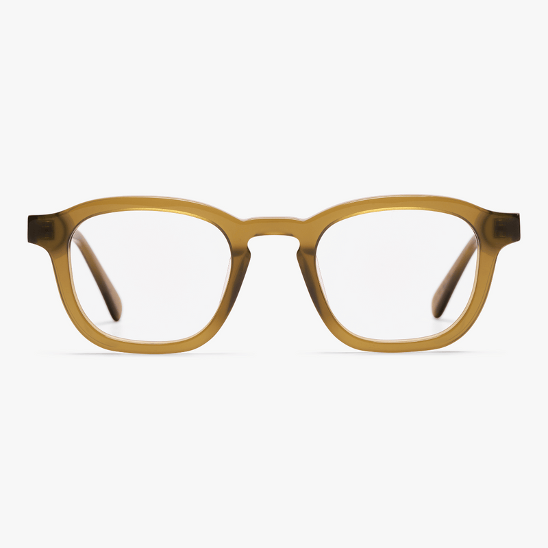 Square shiny olive eyeglasses with a retro style design