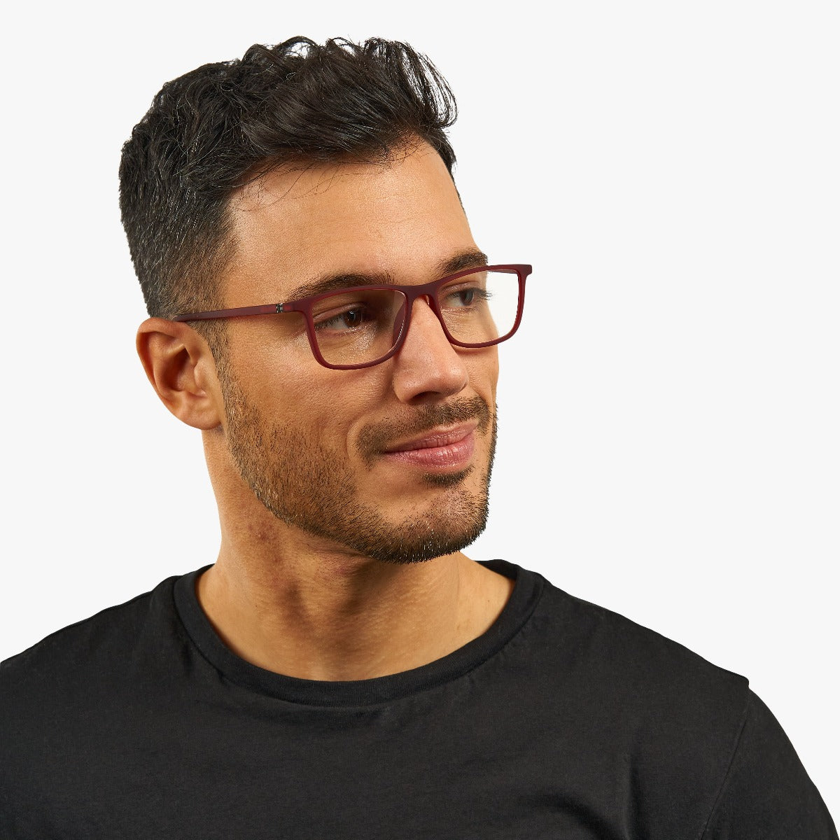 Person wearing Skagen Red rectangular glasses with red frames