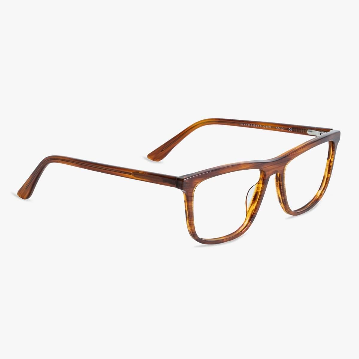 Luxreaders stylish Women's Oslo Shiny Walnut Reading glasses. Made from Acetate in a Square shape.