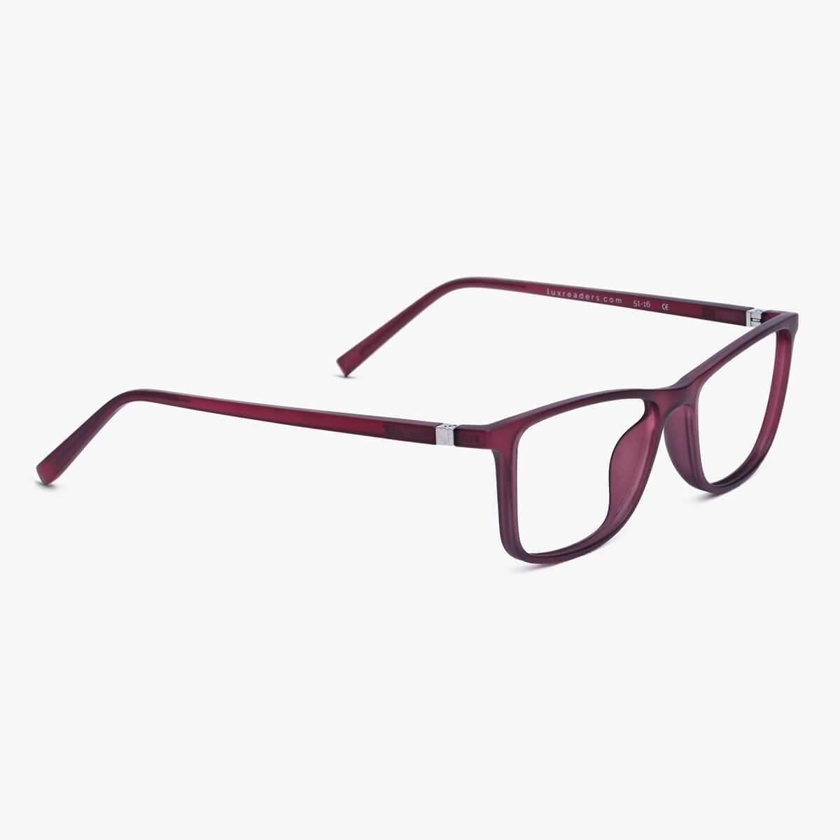 Dark red rectangular glasses with Luxreaders branding on the temple