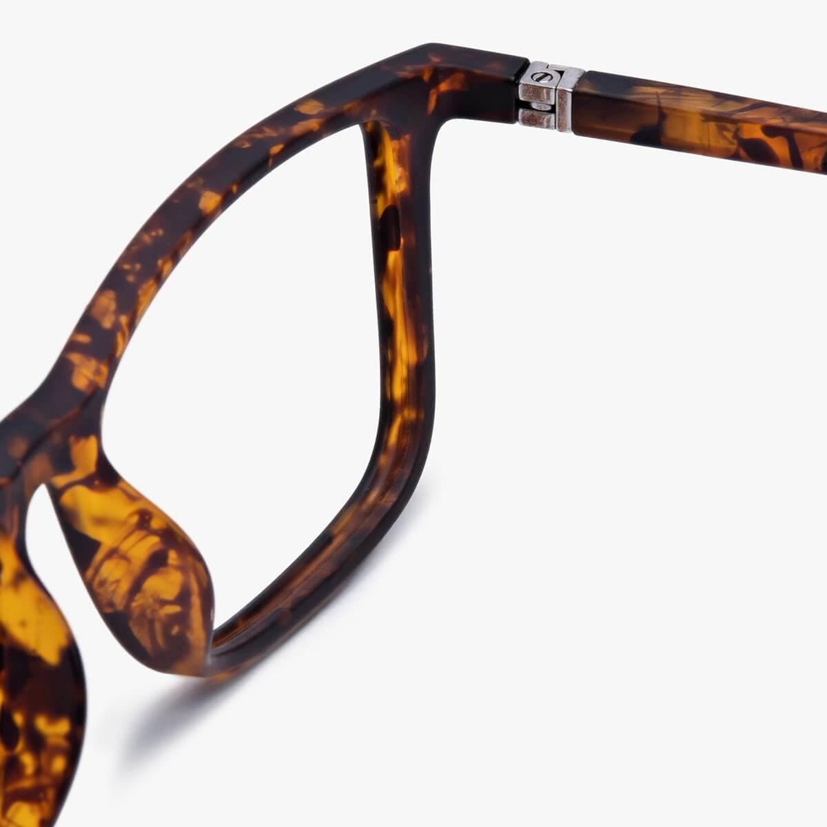 Tortoise shell square eyeglass frames with metal hinge detail