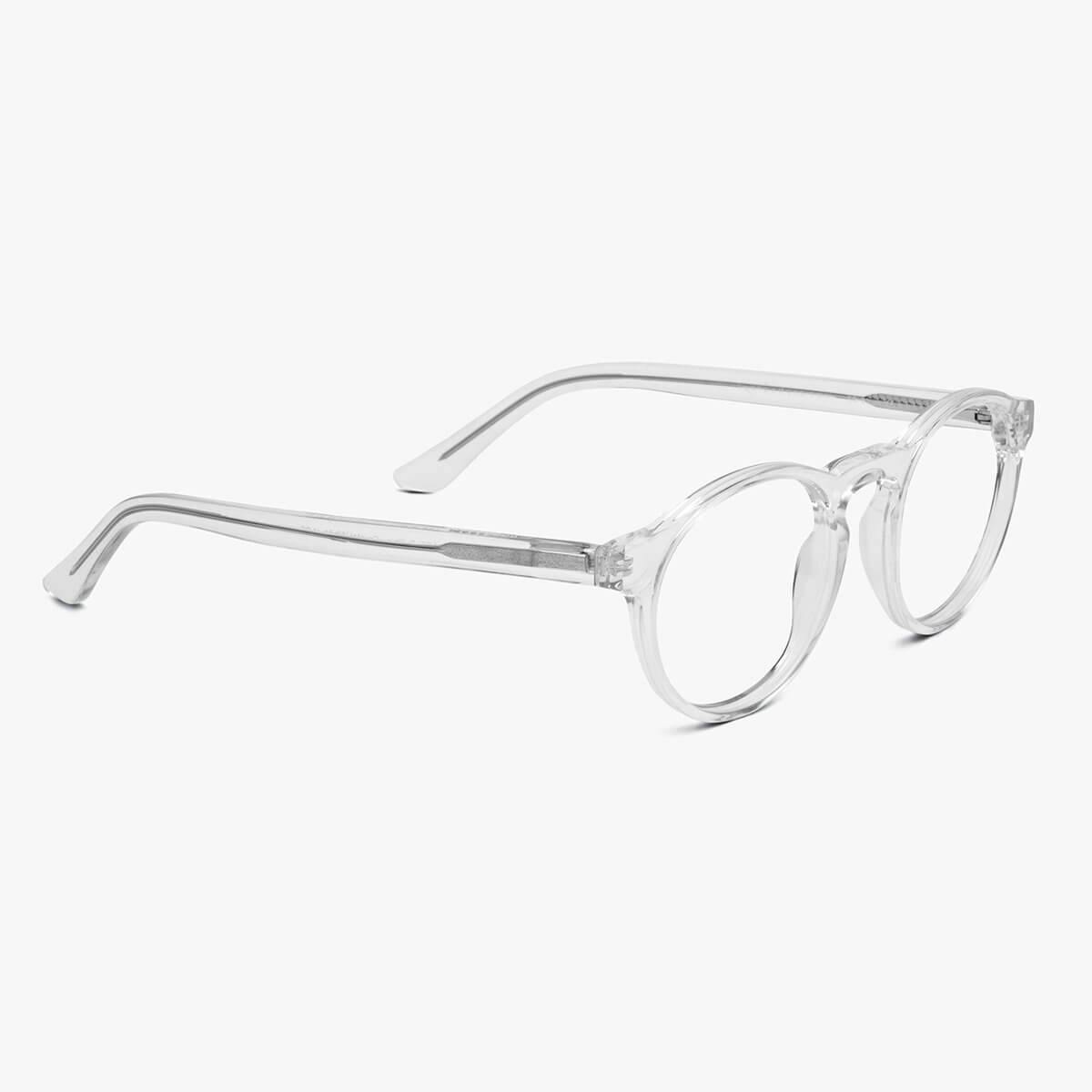 Crystal white round glasses with clear frames and temples