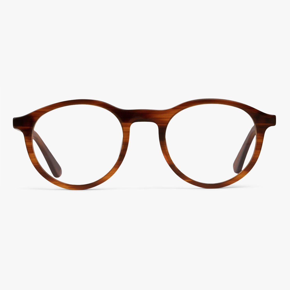 Luxreaders stylish Women's Løkken Shiny Walnut Reading glasses. Made from Acetate in a Round shape.