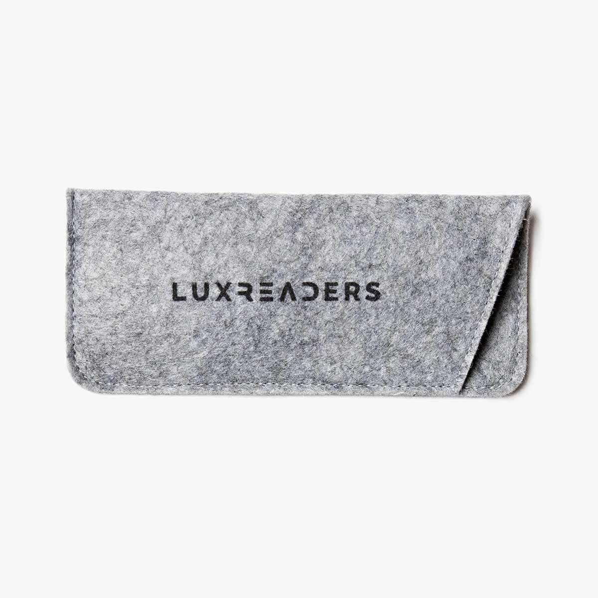 Luxreaders gray felt glasses case with a fold-over flap