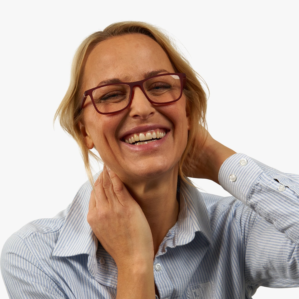 Person wearing red Skagen glasses