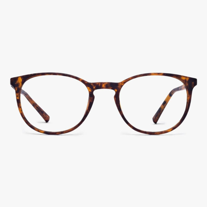 Tortoise shell reading glasses with a round frame