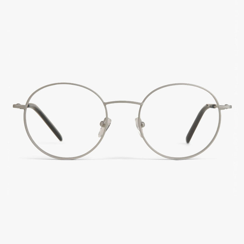 Round steel glasses with thin frames and black temple tips
