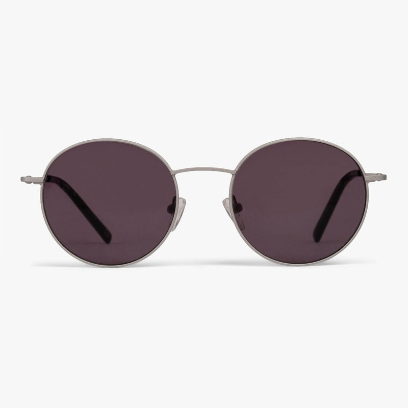 Round steel frame sunglasses with dark lenses