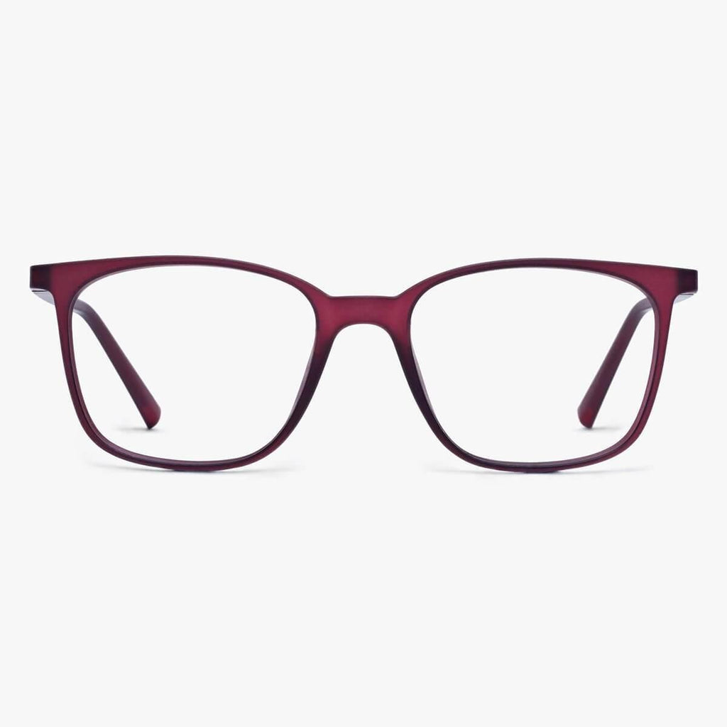 Front view of a pair of Riley Red Reading glasses with maroon frames, illustrating a sleek and modern eyewear design available for purchase