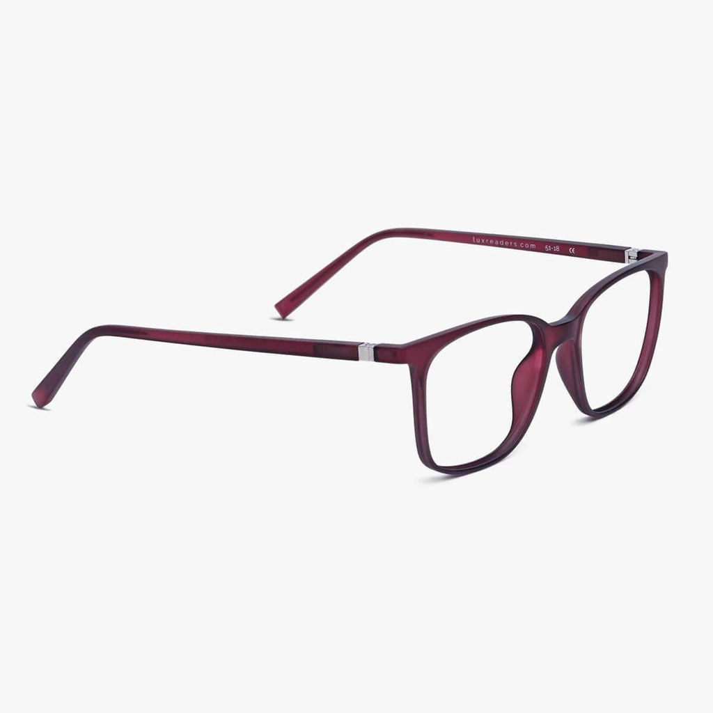 Side view of a pair of Riley Red Reading glasses with maroon frames, illustrating a sleek and modern eyewear design available for purchase.